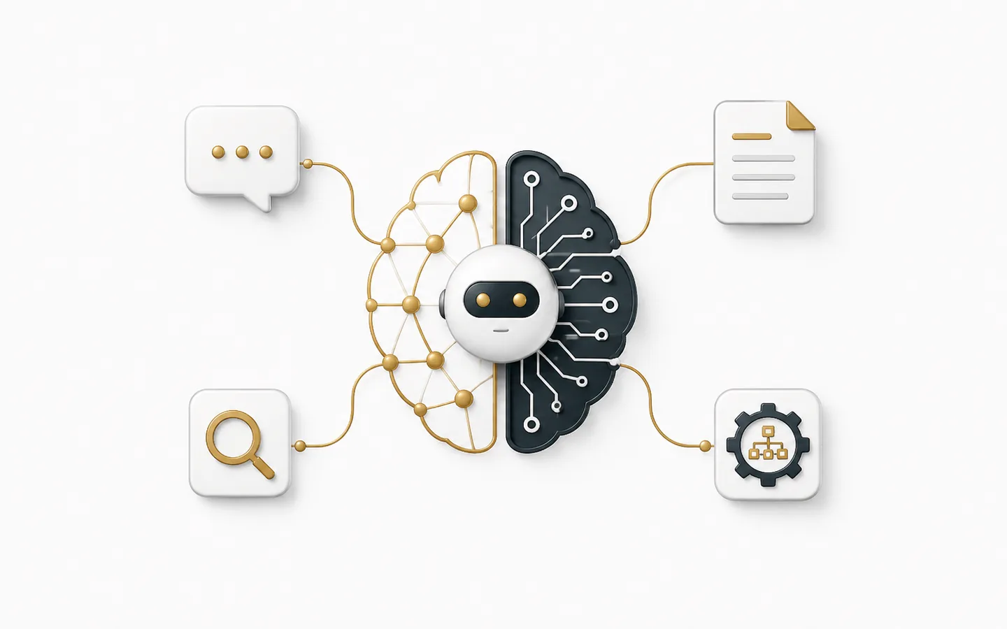 AI assistant at the centre of a network linking chat, search, documents and automated workflows